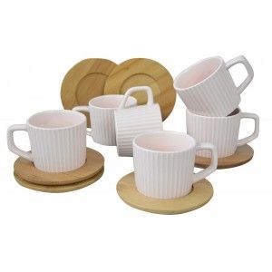 Juego de Café Natura Moderno, 6 Tazas con Platos de Bambú. Tazas de Café 6 Unidades, 100 ml, Rosa y Blanco