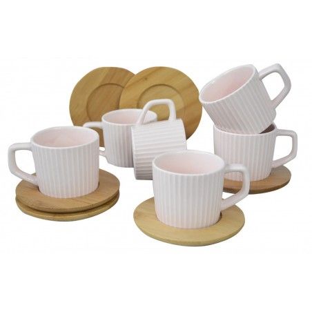Juego de Café Natura Moderno, 6 Tazas con Platos de Bambú. Tazas de Café 6 Unidades, 100 ml, Rosa y Blanco