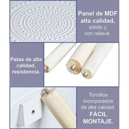 Mesa Auxiliar para Salón Redonda, Madera de color Blanca, Marrón y Negra. 3 Modelos. Estilo Étnico, FÁCIL MONTAJE