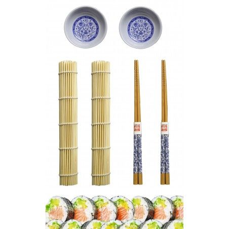 Sushi Kit Completo para 2 Personas, Palillos chinos, Esterillas, Cuenco Melamina Azul, SET 6.