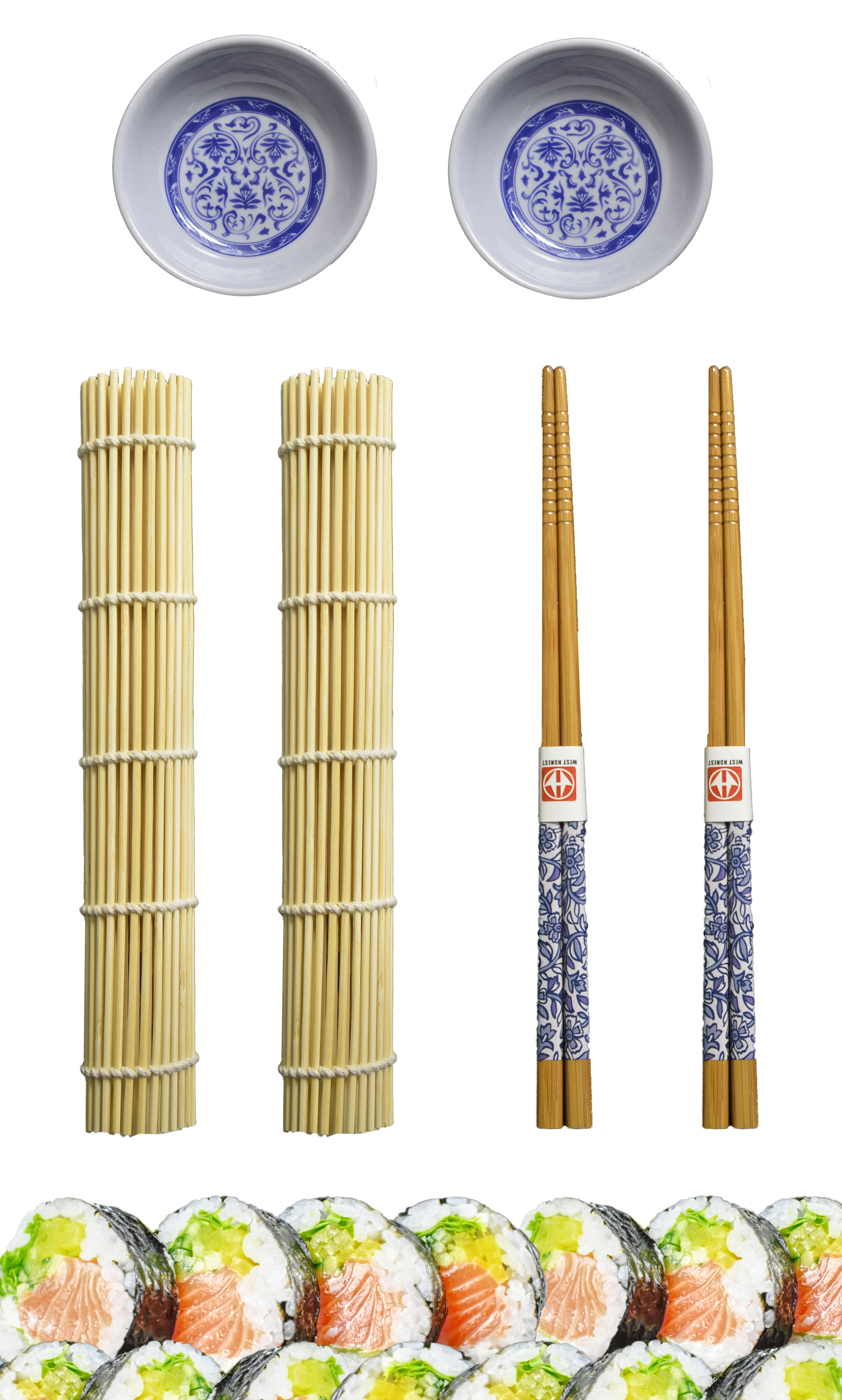 Sushi Kit Completo para 2 Personas, Palillos chinos, Esterillas, Cuenco Melamina Azul, SET 6.