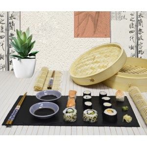 Sushi Kit Completo para 2 Personas, Palillos chinos, Esterillas, Cuenco Melamina Azul, SET 6.