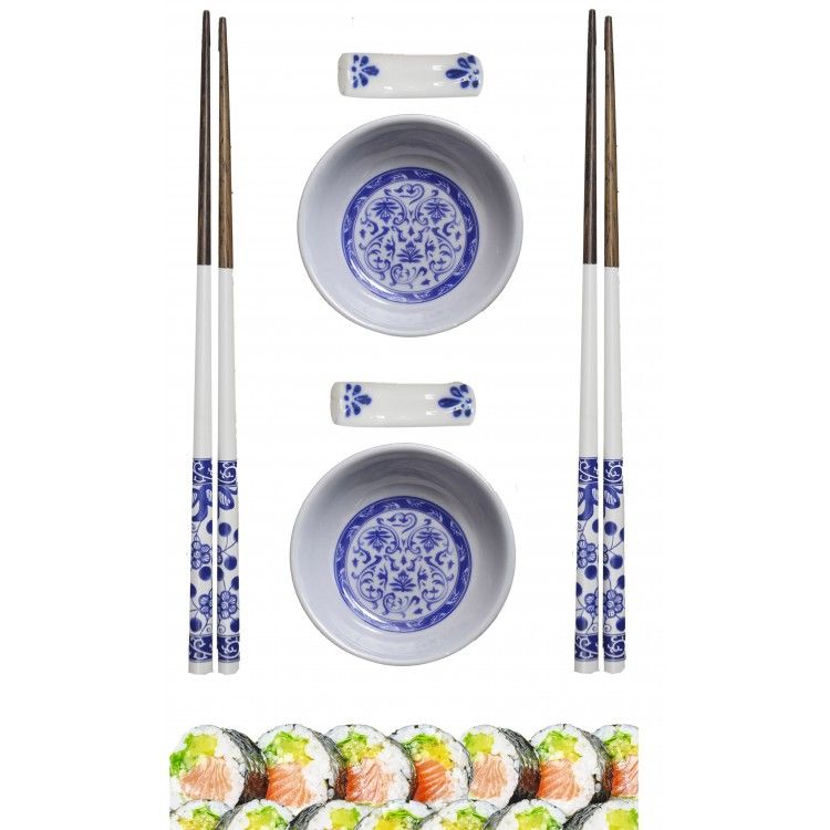 Sushi Kit Completo para 2 Personas, Palillos chinos, Cuenco Melamina Azul, Accesorios SET 6.