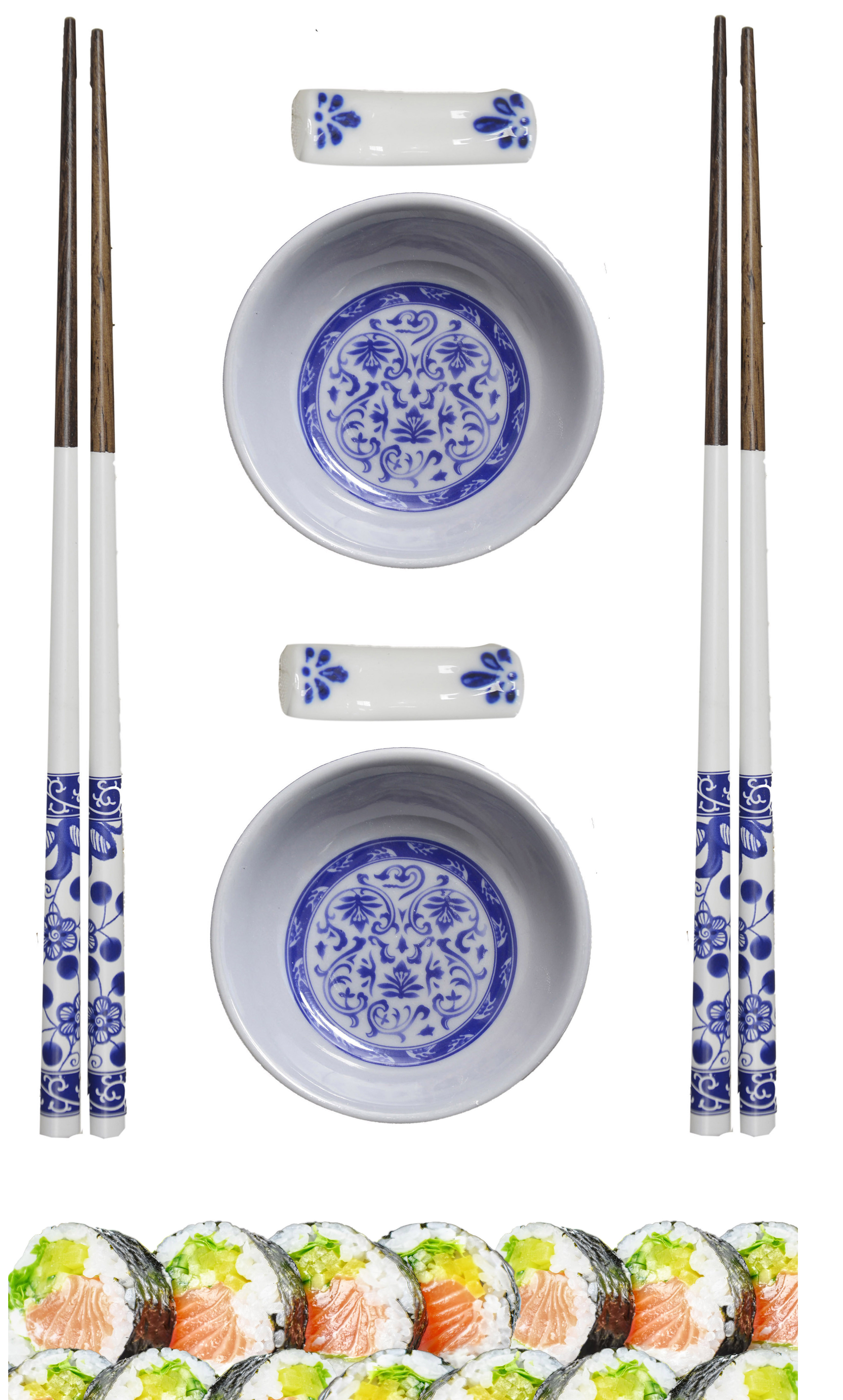 Sushi Kit Completo para 2 Personas, Palillos chinos, Cuenco Melamina Azul, Accesorios SET 6.