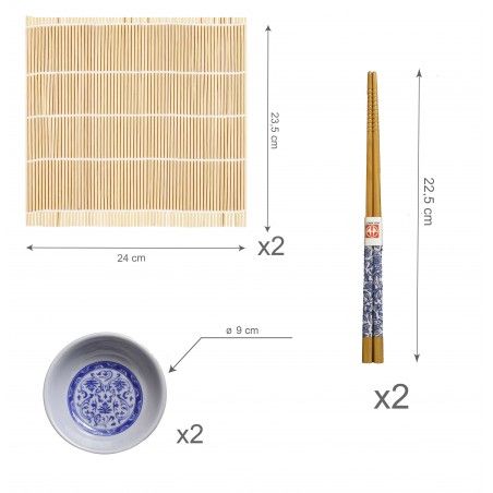 Sushi Kit Completo para 2 Personas, Palillos chinos, Esterillas, Cuenco Melamina Azul, SET 6.