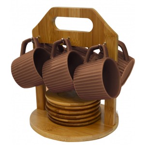 Coffee set Modern, with cups beige and bamboo plates, with support of bamboo for kitchen - Home and more