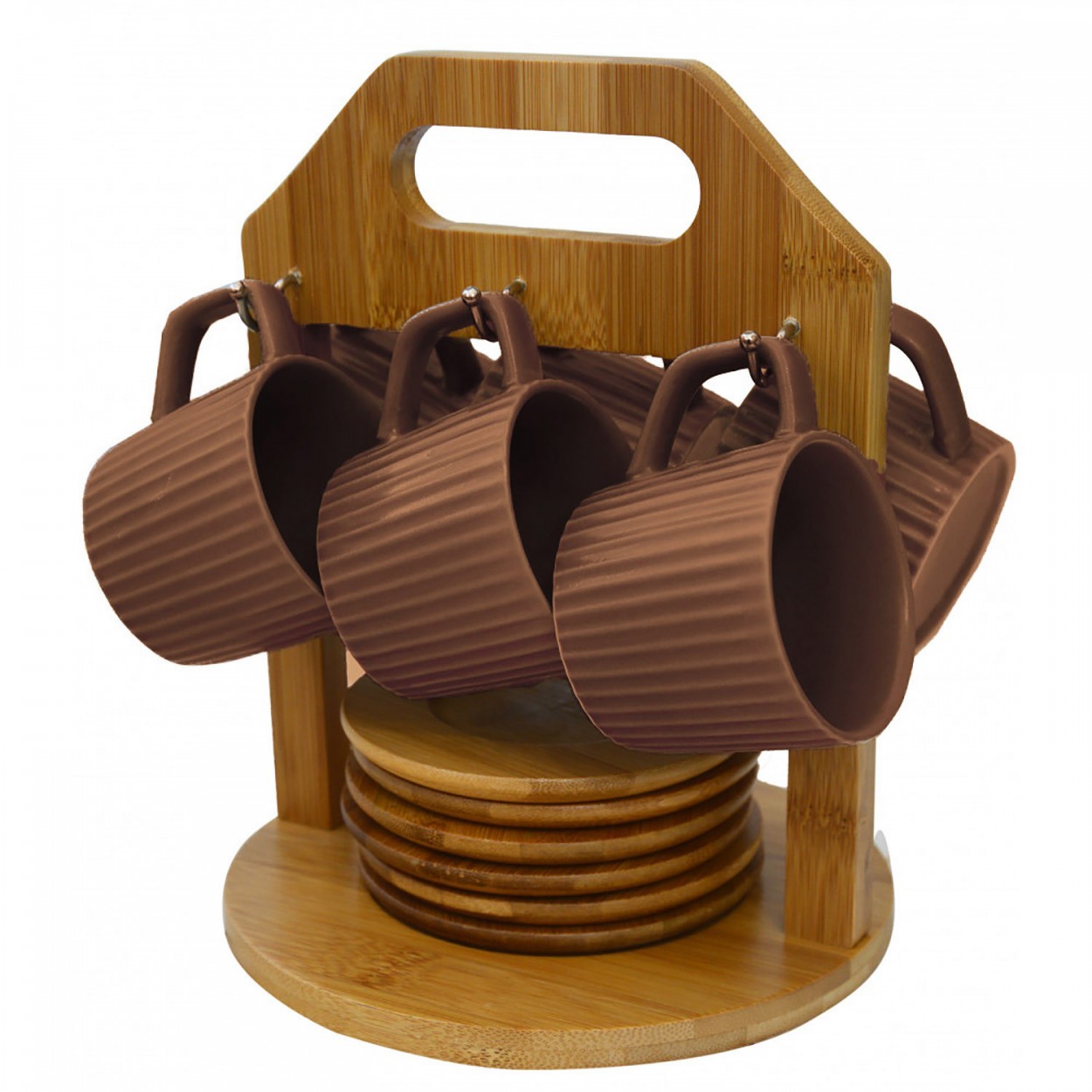 Coffee set Modern, with cups beige and bamboo plates, with support of bamboo for kitchen - Home and more