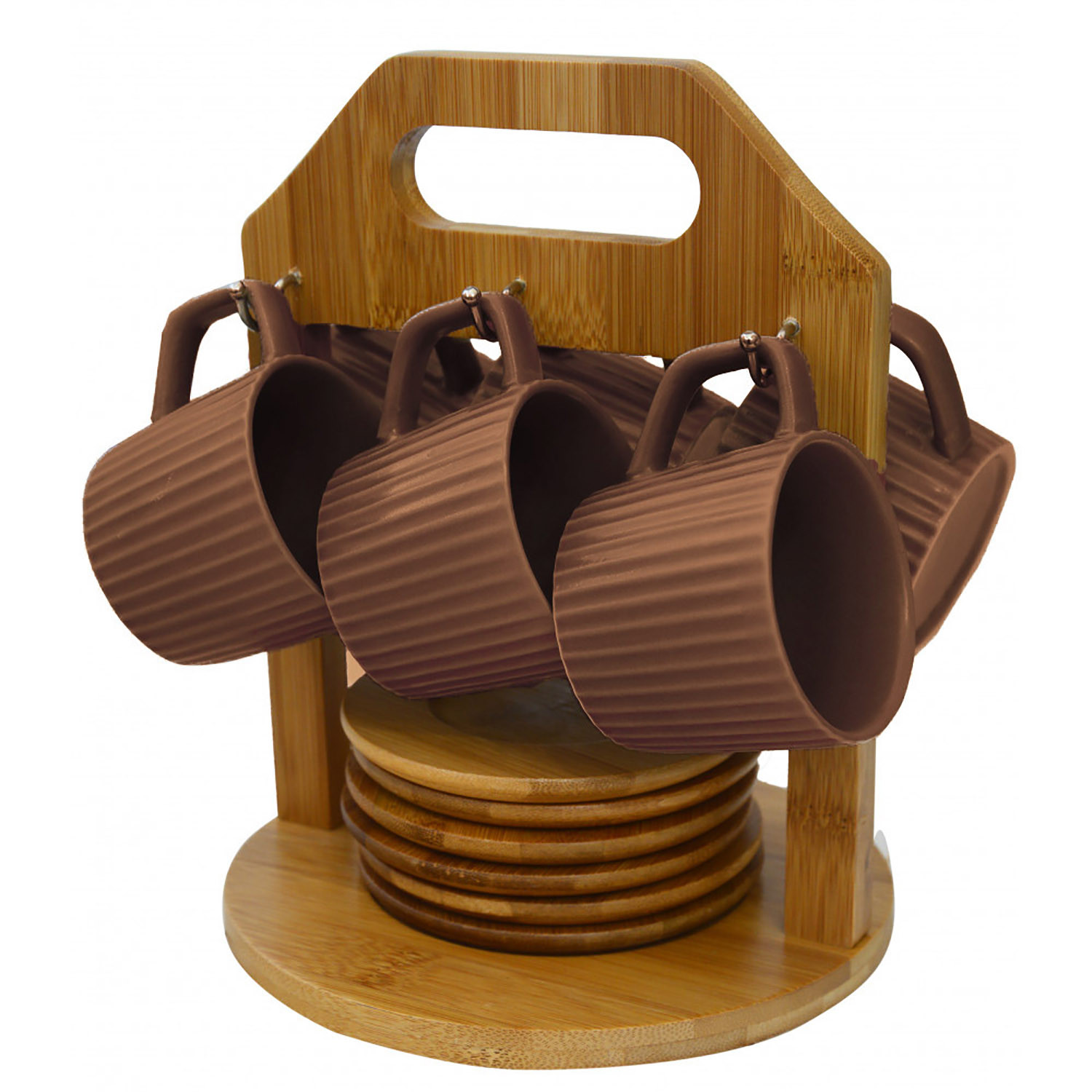 Coffee set Modern, with cups beige and bamboo plates, with support of bamboo for kitchen - Home and more