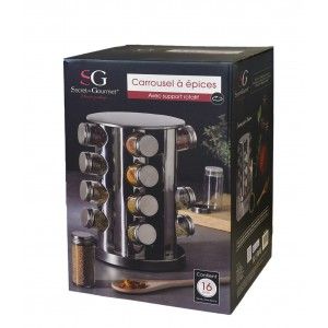 Especiero Organizador, Juego de 16 botes para especias de cocina con soporte giratorio. PortaEspecias Acero Inox 27x19 cm