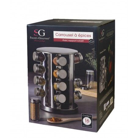 Especiero Organizador, Juego de 16 botes para especias de cocina con soporte giratorio. PortaEspecias Acero Inox 27x19 cm