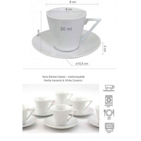 Juego de café Barista 12 piezas, Diseño Exclusivo con 6 tazas y 6 platos de Cerámica Blanca.
