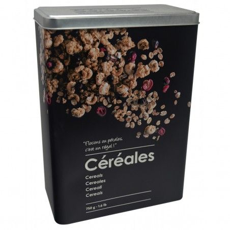 Caja Cereales Metálica Moderna, Cereales Caja Negra y Plateada con Dibujos de Cereales en Relieve, 24,5x9x17,5cm - Hogar y Más