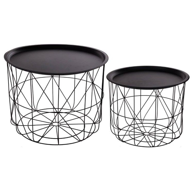 Juego de 2 mesas de café encajables con bandejas extraíbles - Diseño y modernas - Color Negro