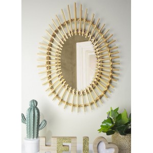 Espejo Pared Circular de Ratán Natural, Espejos Decorativos Originales. Decoración Dormitorio/Salón 57x43cm