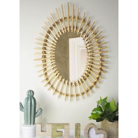 Espejo Pared Circular de Ratán Natural, Espejos Decorativos Originales. Decoración Dormitorio/Salón 57x43cm