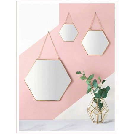 Espejo de Pared Geométrico, Juego de 3 Espejos Hexagonales Dorados, Decoración Moderna/Original, 3 Tamaños Diferentes.