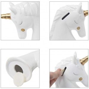 Hucha Unicornio Blanco con Dorado de Cerámica para Niñas. Huchas Infantiles, Figura de Unicornio Hucha Decoración 17,5x8x15 cm