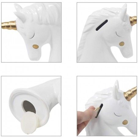 Hucha Unicornio Blanco con Dorado de Cerámica para Niñas. Huchas Infantiles, Figura de Unicornio Hucha Decoración 17,5x8x15 cm