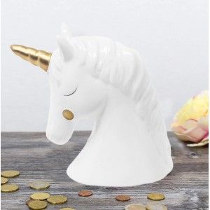 Hucha Unicornio Blanco con Dorado de Cerámica para Niñas. Huchas Infantiles, Figura de Unicornio Hucha Decoración 17,5x8x15 cm