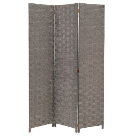 Biombo Separador de Ambientes, Gris de Papel Trenzado y Madera, Plegable de Tres Paneles. 175x120 cm. Hogar y  Más