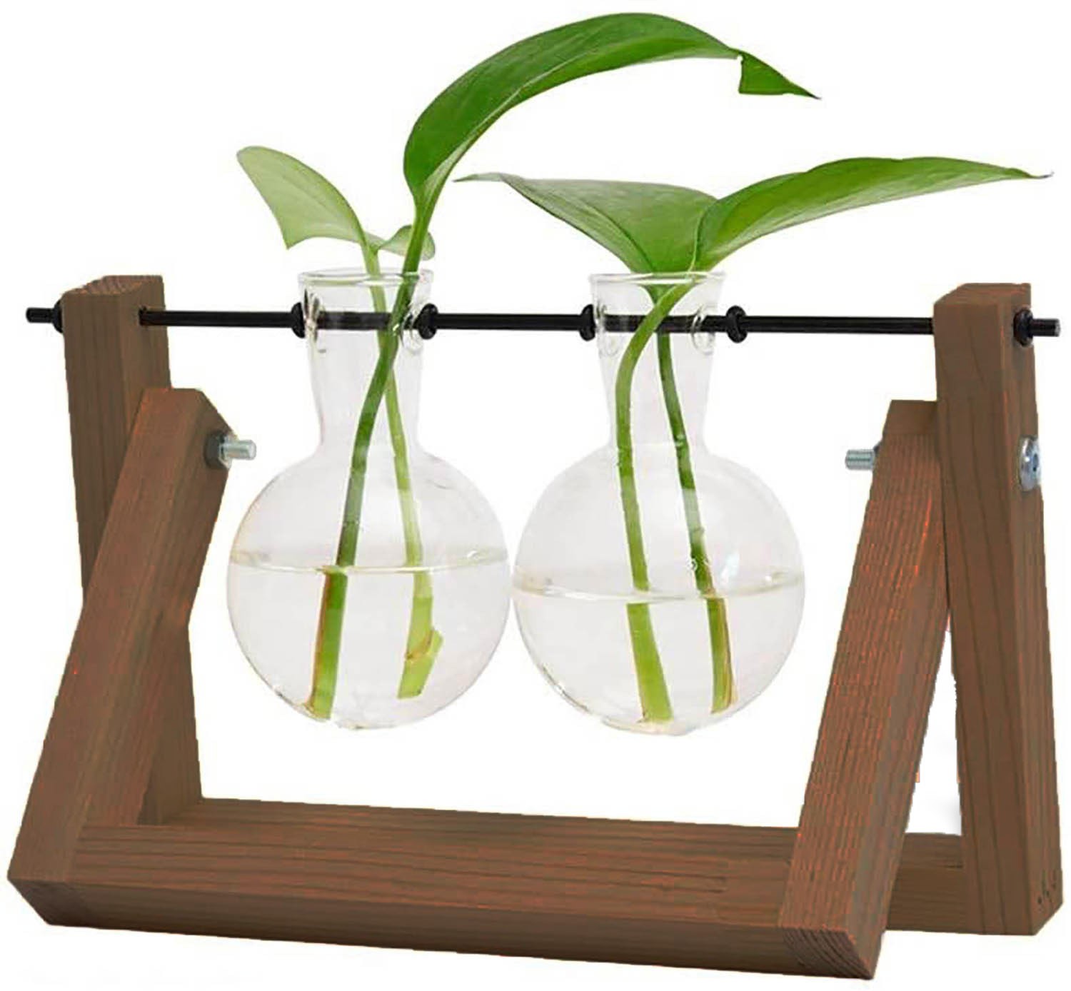 Jarrón Plantas Hidropónicas Soporte Madera y Varilla giratoria Metal 21x15x16