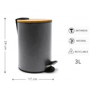 PAPELERA TAPA BAMBÚ CON PEDAL GRIS 3L