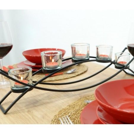 Portavelas Decoración Metal, Portavelas Moderno Negro para 5 Velas, Porta Velas Negro, Decoración Interior, 54x12x7,5cm