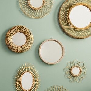 Espejo Pared Circular de Ratán Natural, Espejos Originales Decorativos. Decoración Dormitorio/Baño ø38 cm