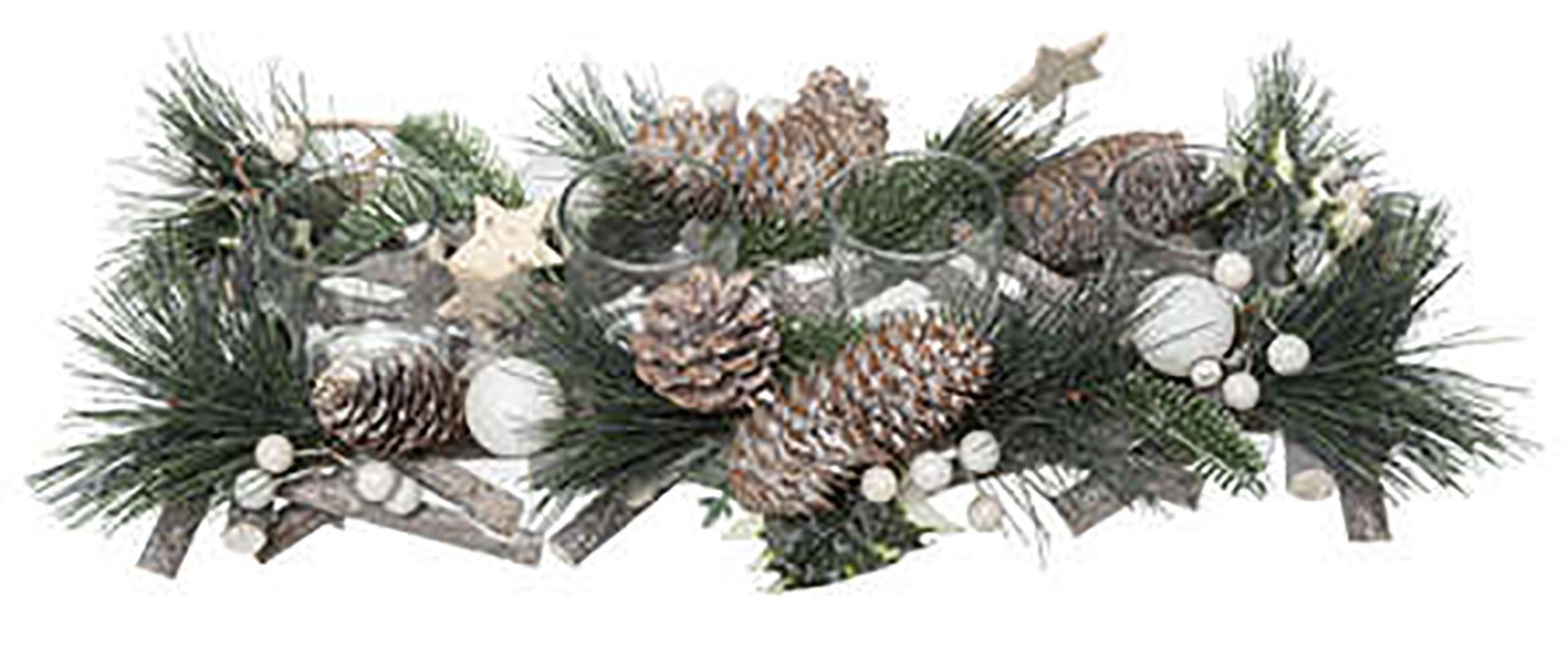PORTAVELAS NAVIDEÑO CRISTAL PIÑAS Y ESTRELLAS 14x8x39cm