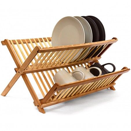 Escurridor Platos Plegable de Bambú 2 Niveles, Escurridor Fregadero para Vasos de Madera 42x24,5x33 cm