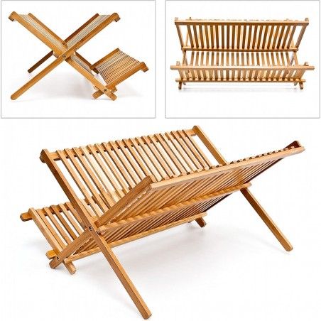 Escurridor Platos Plegable de Bambú 2 Niveles, Escurridor Fregadero para Vasos de Madera 42x24,5x33 cm