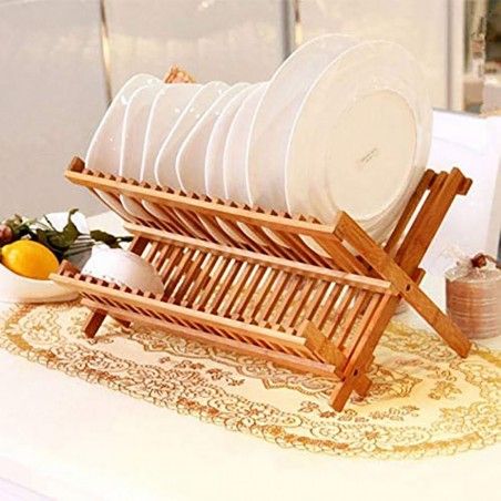 Escurridor Platos Plegable de Bambú 2 Niveles, Escurridor Fregadero para Vasos de Madera 42x24,5x33 cm