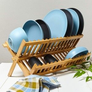 Escurridor Platos Plegable de Bambú 2 Niveles, Escurridor Fregadero para Vasos de Madera 42x24,5x33 cm