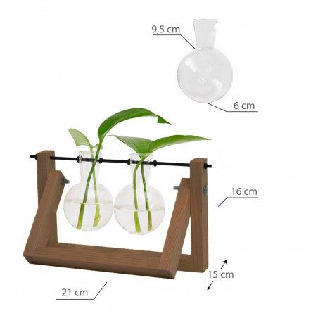 Jarrón Plantas Hidropónicas Soporte Madera y Varilla giratoria Metal 21x15x16