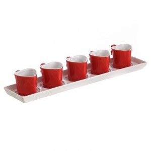 Taza Café Romántica de Cerámica Natural Color Rojo con Bandeja Juego de Cinco Unidades