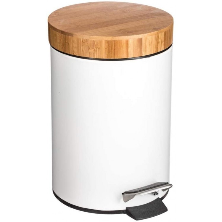 Papelera Metálica Blanca| Tapa de Madera de bambú con Sistema de Descenso automático | Cubo de Pedal con antihuellas