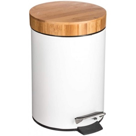 Papelera Metálica Blanca| Tapa de Madera de bambú con Sistema de Descenso automático | Cubo de Pedal con antihuellas