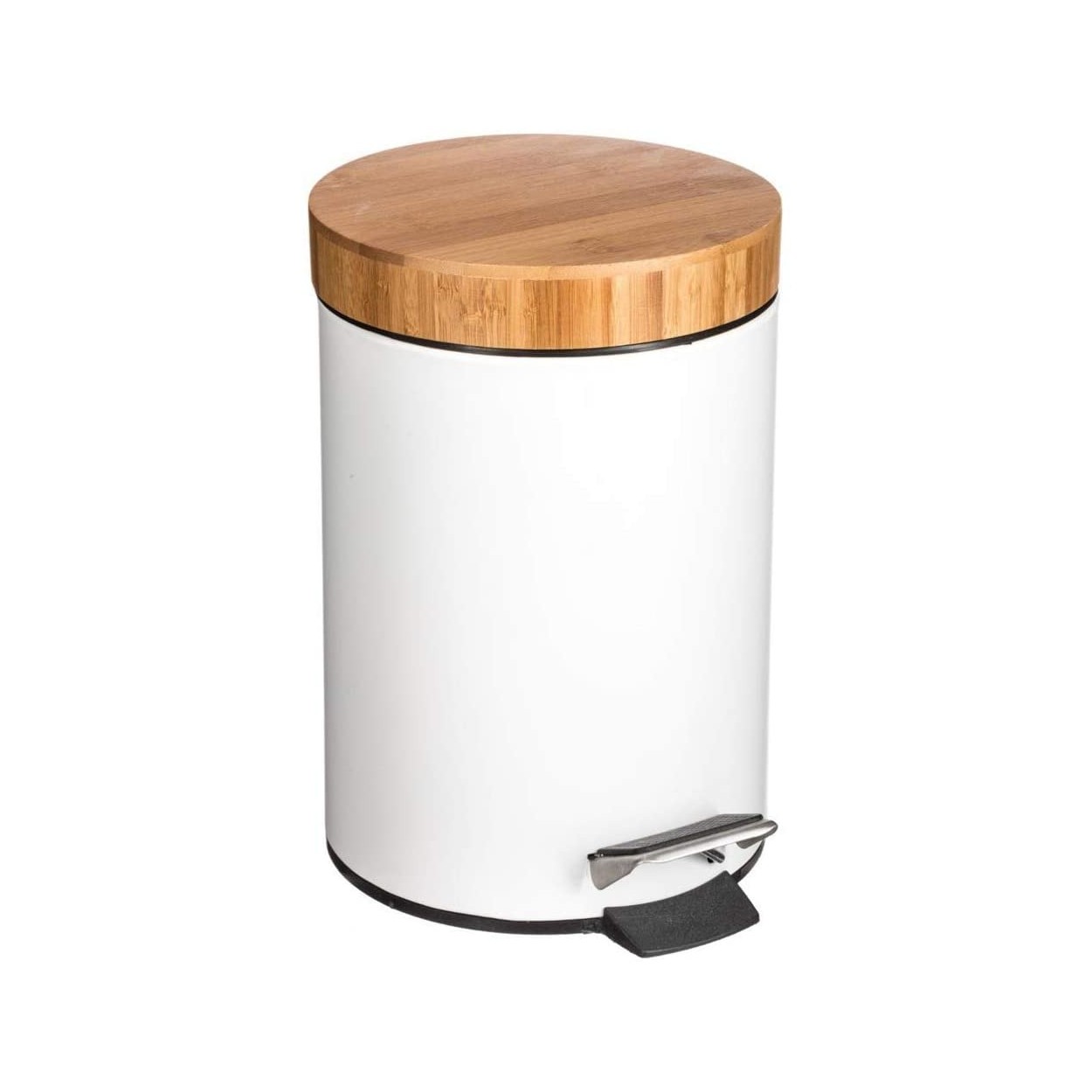 Papelera Metálica Blanca| Tapa de Madera de bambú con Sistema de Descenso automático | Cubo de Pedal con antihuellas