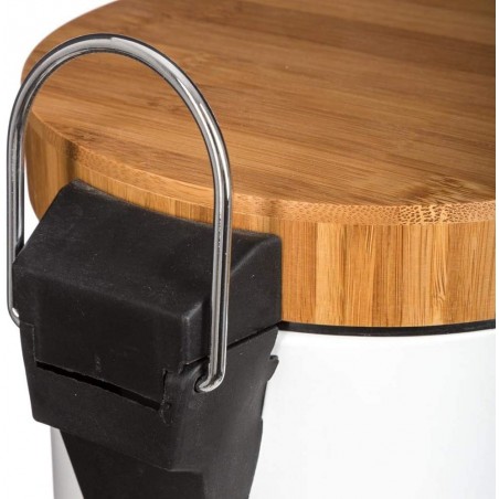 Papelera Metálica Blanca| Tapa de Madera de bambú con Sistema de Descenso automático | Cubo de Pedal con antihuellas
