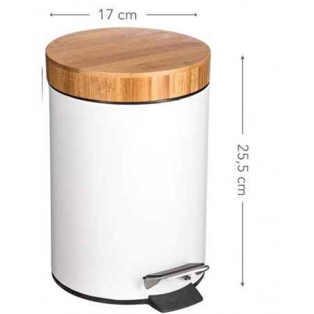 Papelera Metálica Blanca| Tapa de Madera de bambú con Sistema de Descenso automático | Cubo de Pedal con antihuellas