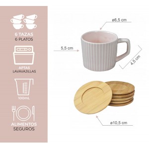 JUEGO 6 TAZAS CAFÉ CON PLATO BAMBÚ ROSA PALO 100ML NATURA