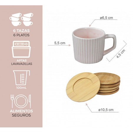 JUEGO 6 TAZAS CAFÉ CON PLATO BAMBÚ ROSA PALO 100ML NATURA