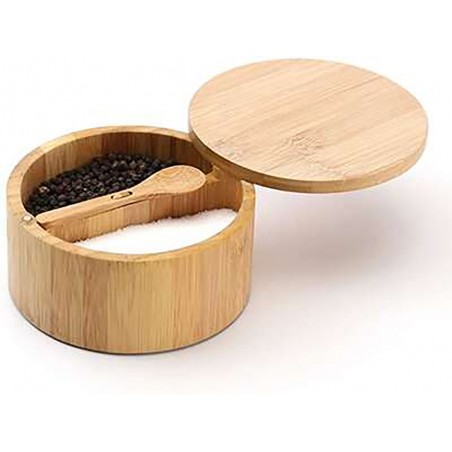 SALERO Y PIMENTERO CON TAPA + CUCHARA DE MADERA