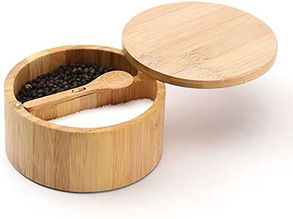 SALERO Y PIMENTERO CON TAPA + CUCHARA DE MADERA