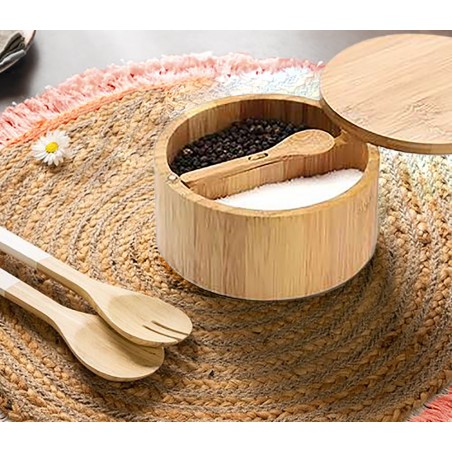 SALERO Y PIMENTERO CON TAPA + CUCHARA DE MADERA 6,6X12,5