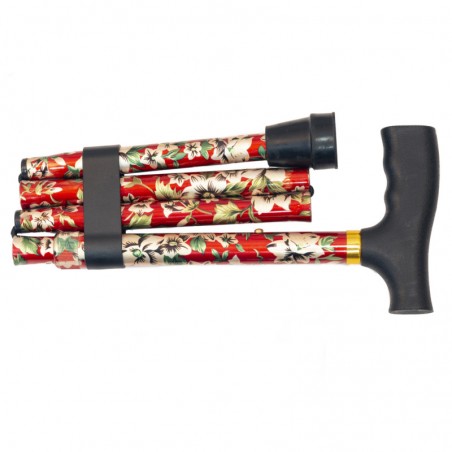 BASTÓN ALUMINIO PLEGABLE ROJO FLORES BLANCAS
