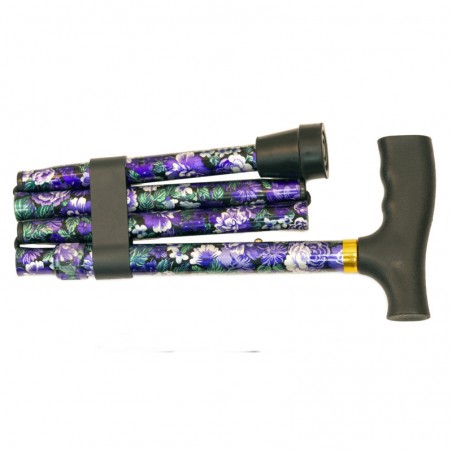 BASTÓN PLEGABLE FLORES LILAS Y PUÑO NEGRO