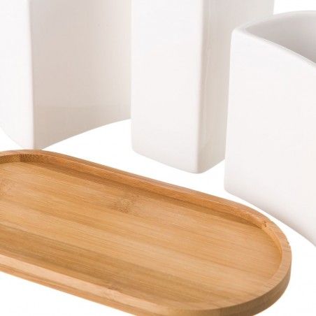 Game Bathroom of 3 Pieces, made of Ceramic and Bamboo, color White. Clean design, with Minimalist style - Home and More