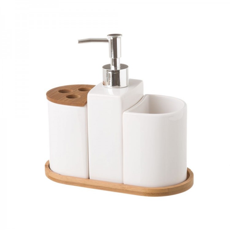 Game Bathroom of 3 Pieces, made of Ceramic and Bamboo, color White. Clean design, with Minimalist style - Home and More