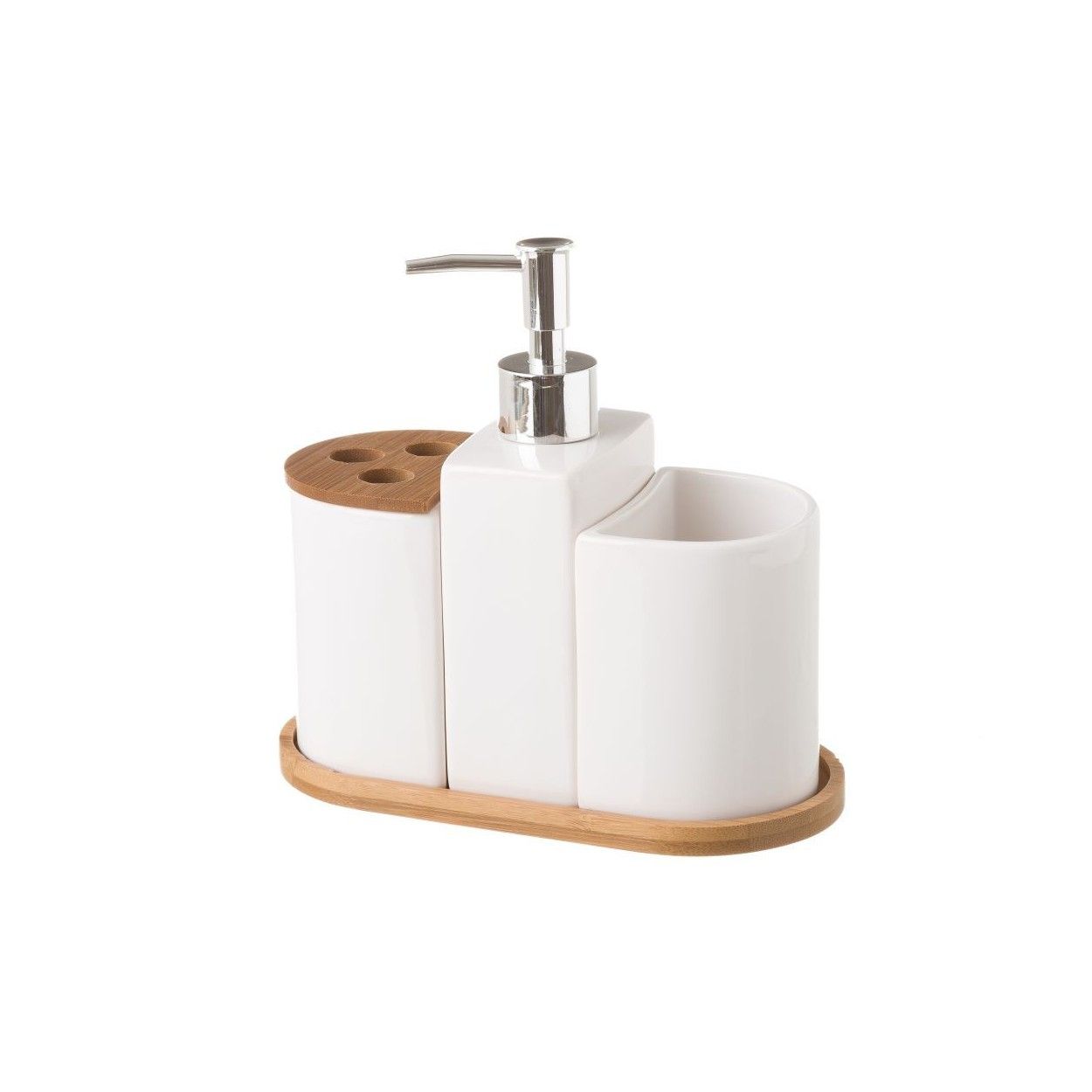 Game Bathroom of 3 Pieces, made of Ceramic and Bamboo, color White. Clean design, with Minimalist style - Home and More